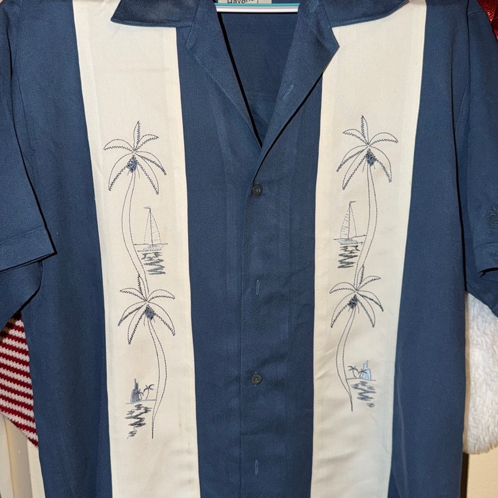 Cuban style shirt Navy and Cream Men's Shirt with Embroidered Design